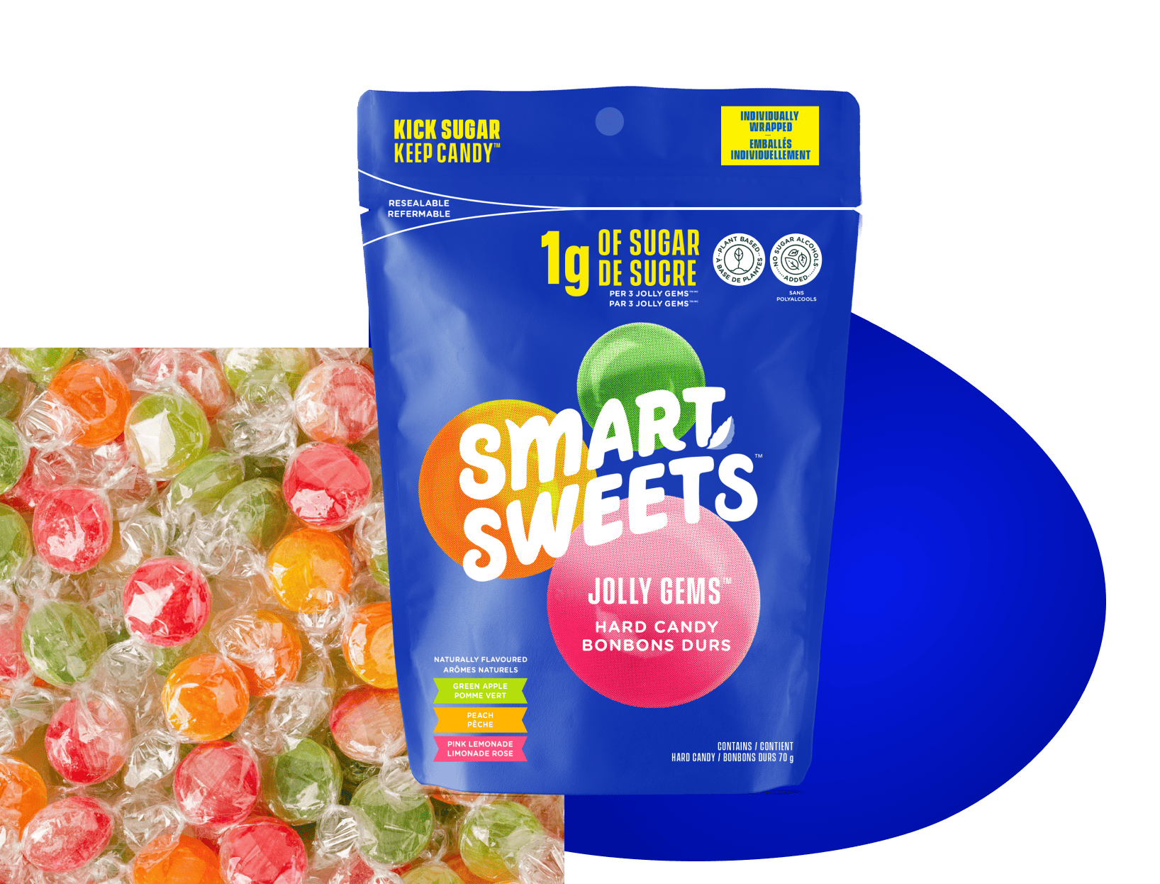 Pile of SmartSweets Jolly Gems™ and SmartSweets Jolly Gem™ pouch