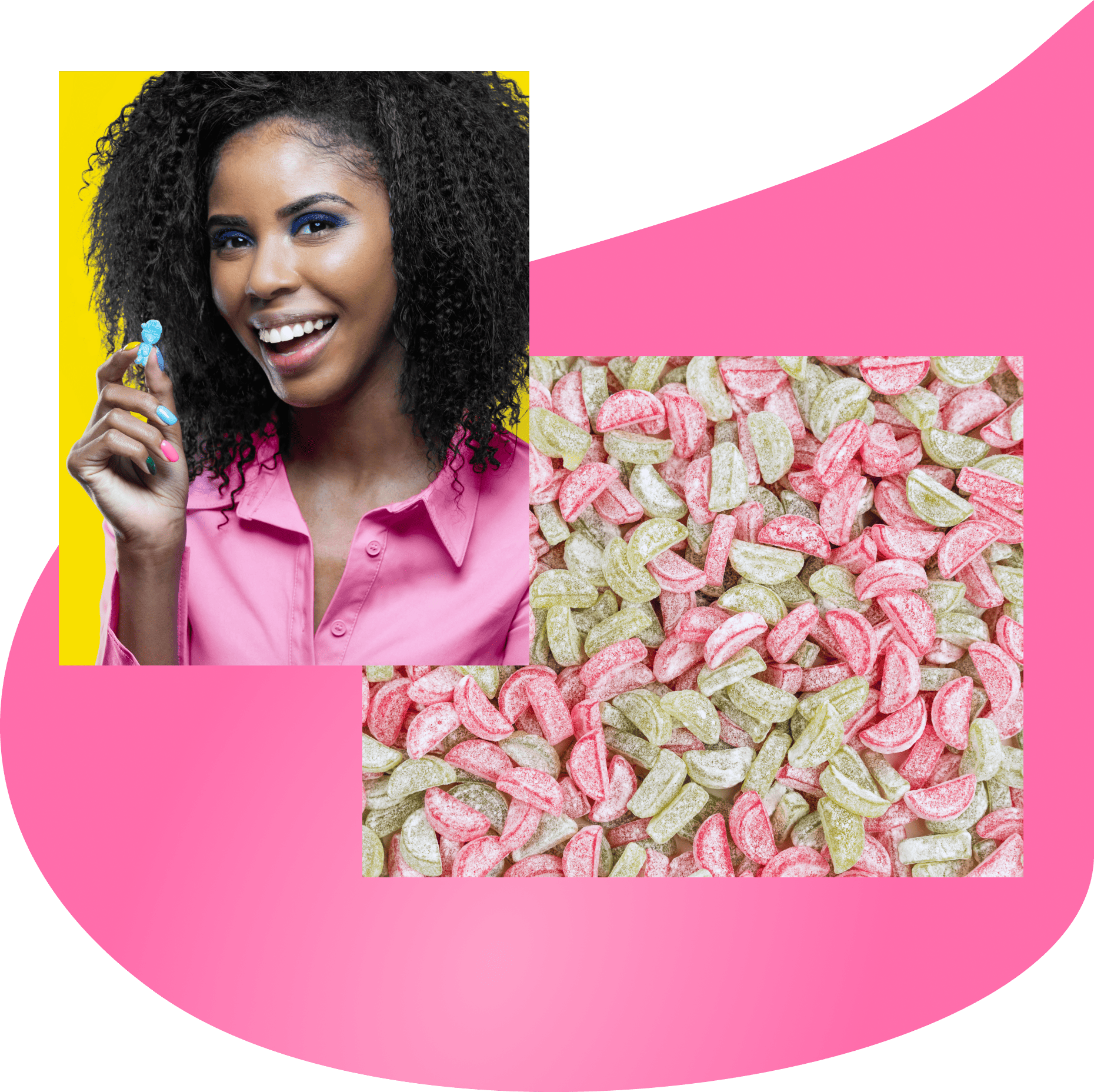 Pile of Sourmelon Bites and woman holding Sourmelon Bite