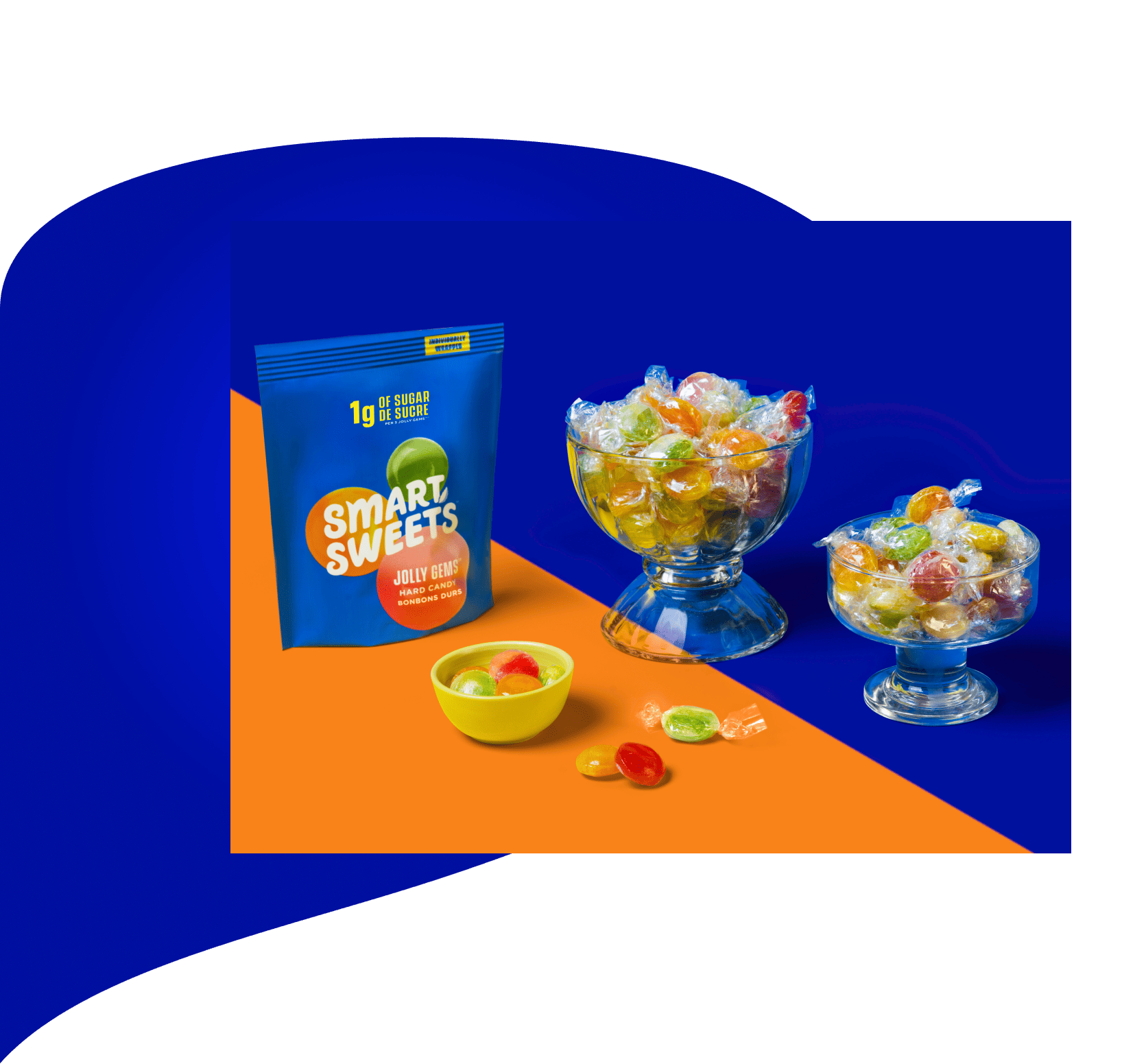 SmartSweets Jolly Gems™ pouch and  SmartSweets Jolly Gems™ in glass containers