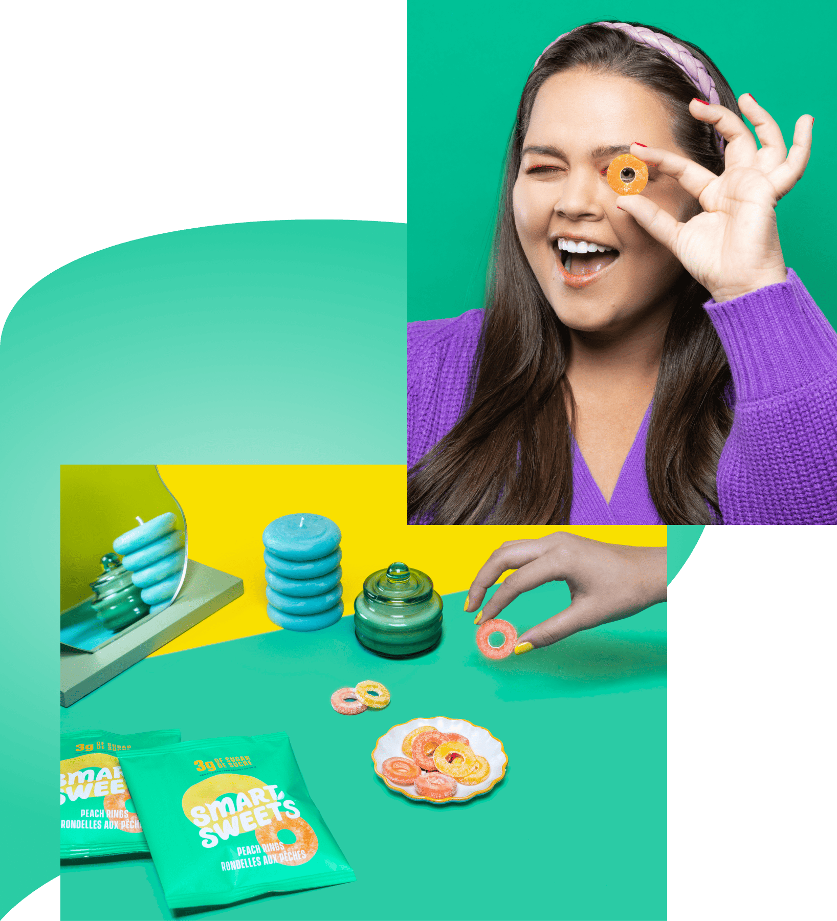 Woman holding Peach Ring to her eye and Peach Rings pouches in background