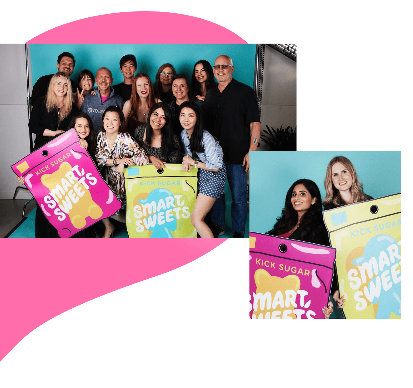 SmartSweets team group photos with cardboard cut outs of SmartSweets pouches