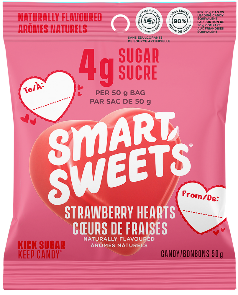 Pink package of Smart Sweets Strawberry Hearts candy with heart designs and text.