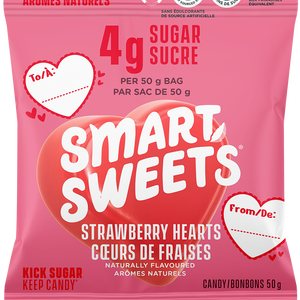 Pink package of Smart Sweets Strawberry Hearts candy with heart designs and text.