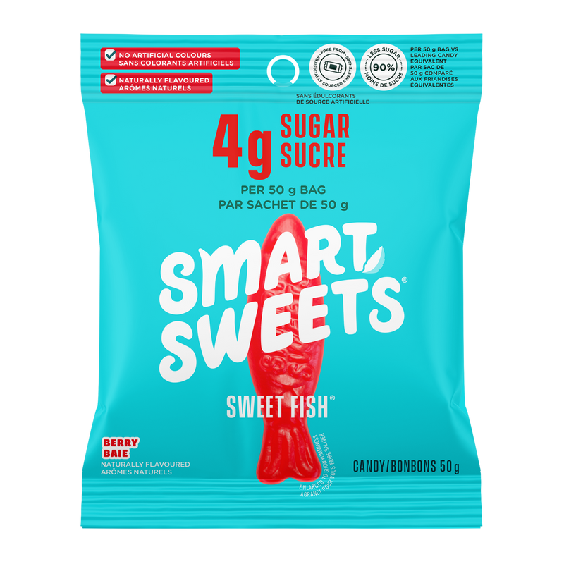 Sweet Fish Berry candy bag: 4g sugar, no artificial colours, naturally flavoured.