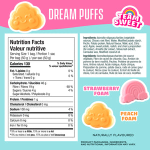 Nutrition facts label for Dream Puffs. Text: Team Sweet, Strawberry Foam, Peach Foam, Naturally Flavoured, Ingredients, and full nutrient table.
