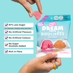 Dream Puffs bag on blue background with benefits: 87% less sugar, no artificial flavours/colours, no sugar alcohols added, and rich in fibre.