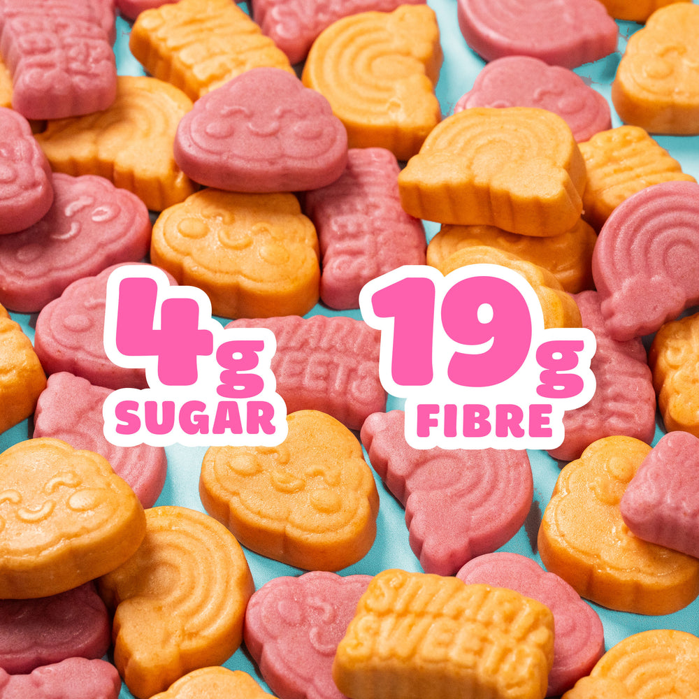 Pink and orange cloud and rainbow candy pieces. Text overlay: 4g SUGAR, 19g FIBRE.