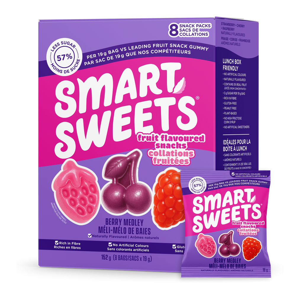 Box of Mixed Fruit snacks with text: 3g SUGAR, 8g FIBRE, 100 CALORIES