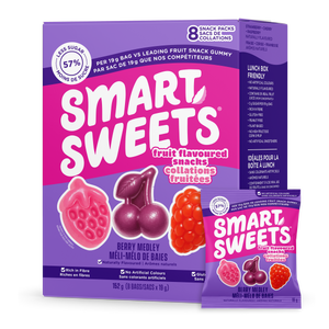 Box of Mixed Fruit snacks with text: 3g SUGAR, 8g FIBRE, 100 CALORIES