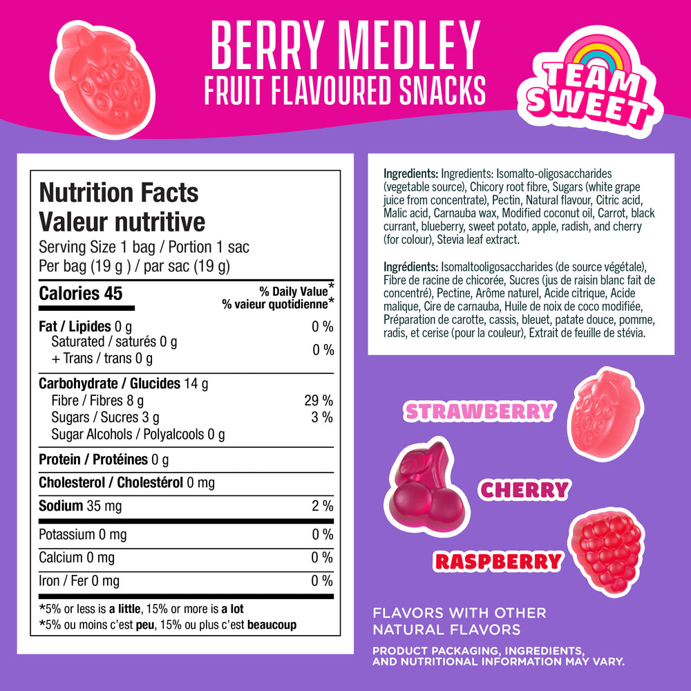 Nutrition facts label for Berry Medley fruit-flavored snacks with ingredients list on a purple background.