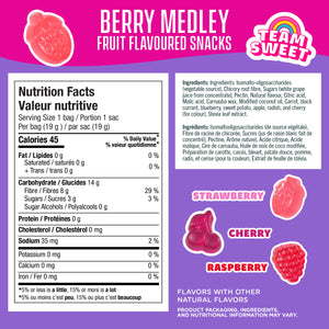 Nutrition facts label for Berry Medley fruit-flavored snacks with ingredients list on a purple background.