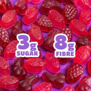 Colorful gummy candies with text overlays: "3g SUGAR" and "8g FIBRE"