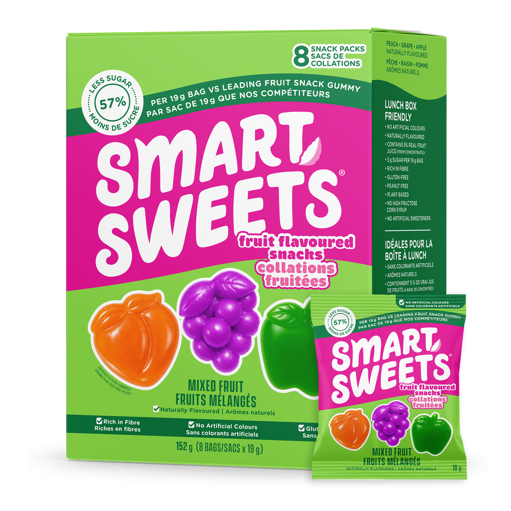 Fruit flavoured snacks Mixed Fruit 57% Less Sugar 8 Snack Packs Rich in Fibre No Artificial Colours