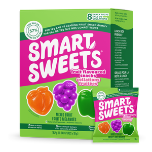 Fruit flavoured snacks Mixed Fruit 57% Less Sugar 8 Snack Packs Rich in Fibre No Artificial Colours