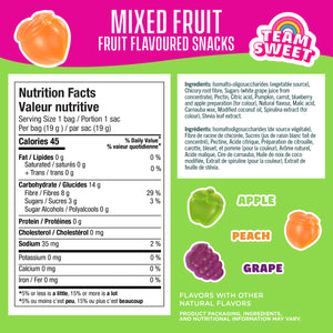 Mixed Fruit Fruit Flavoured Snacks nutrition facts, ingredients, Team Sweet, Apple, Peach, Grape.