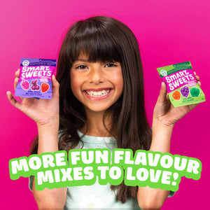 Girl holding two candy bags with text: MORE FUN FLAVOUR MIXES TO LOVE!