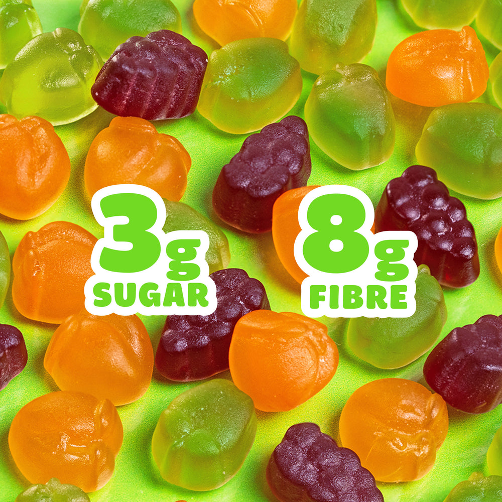 Colorful gummy candies with text overlays: "3g SUGAR" and "8g FIBRE"
