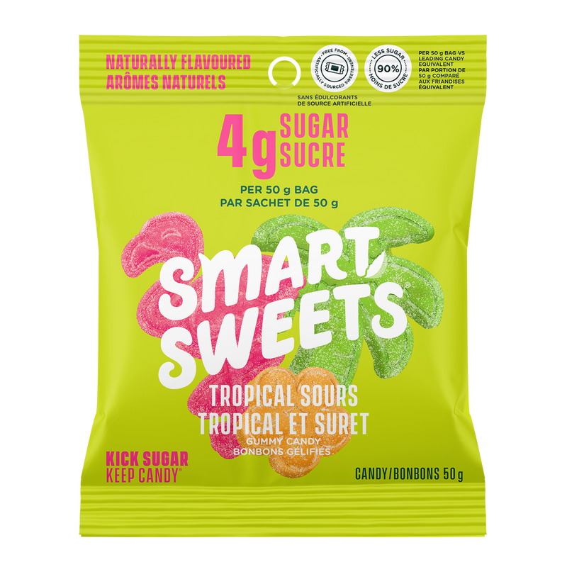 NATURALLY FLAVOURED, 4g SUGAR PER 50 g BAG, TROPICAL SOURS GUMMY CANDY, KICK SUGAR KEEP CANDY, CANDY 50g
