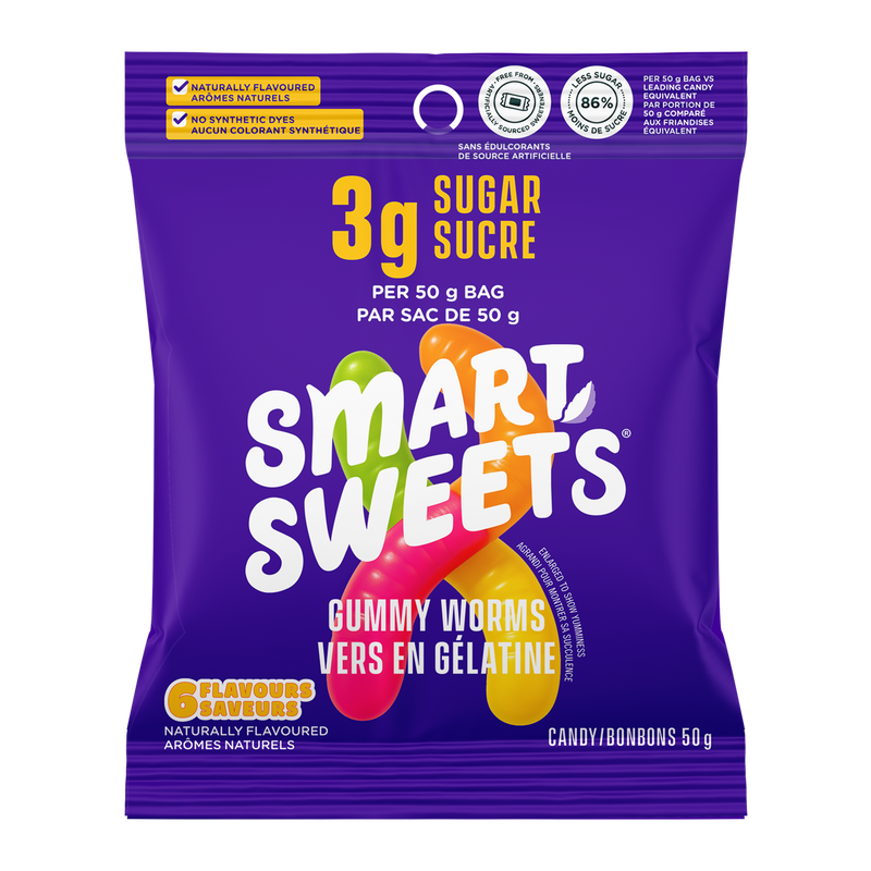Gummy Worms candy bag: 3g Sugar Per 50g Bag, 86% Less Sugar, 6 Flavours, Candy 50g.