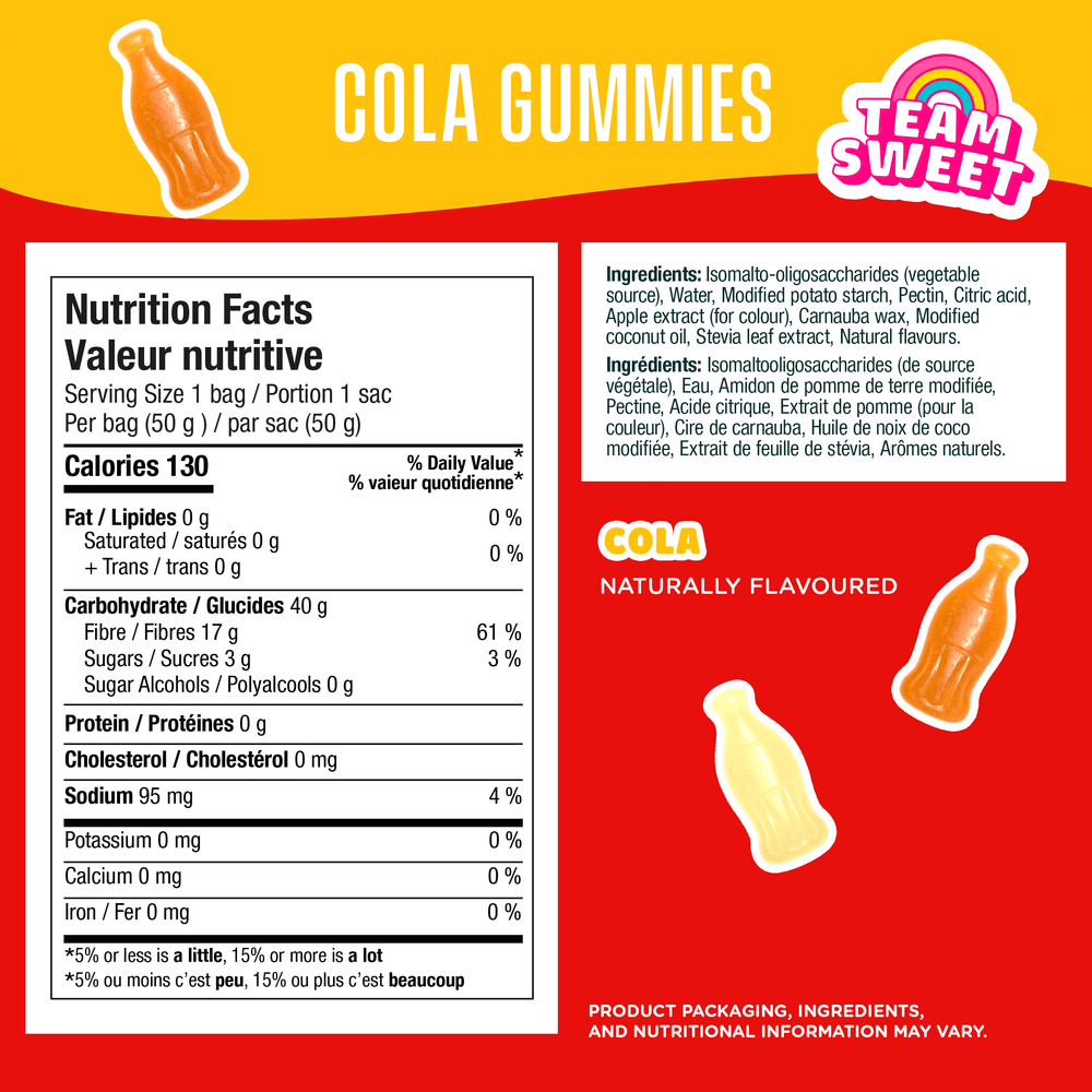 COLA GUMMIES, Team Sweet, Nutrition Facts, Calories 130, Ingredients, COLA NATURALLY FLAVOURED.