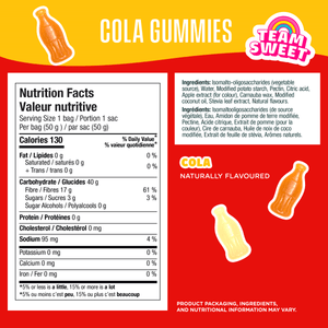 COLA GUMMIES, Team Sweet, Nutrition Facts, Calories 130, Ingredients, COLA NATURALLY FLAVOURED.