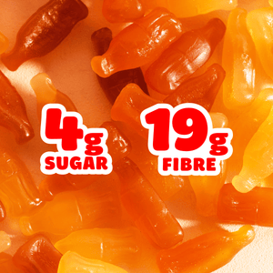 Cola bottle gummies with text overlay reading "4g SUGAR" and "19g FIBRE".