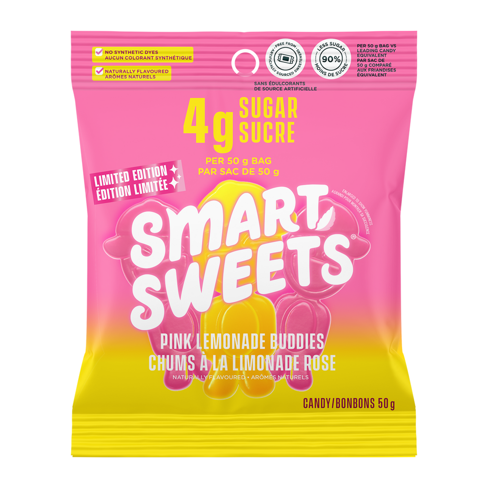 Package of SmartSweets Pink Lemonade Buddies candy with bright pink and yellow design, highlighting 4 grams of sugar and naturally flavored, low sugar candy treats.
