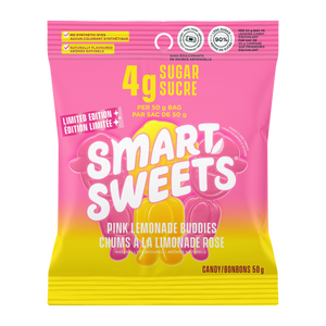 Package of SmartSweets Pink Lemonade Buddies candy with bright pink and yellow design, highlighting 4 grams of sugar and naturally flavored, low sugar candy treats.