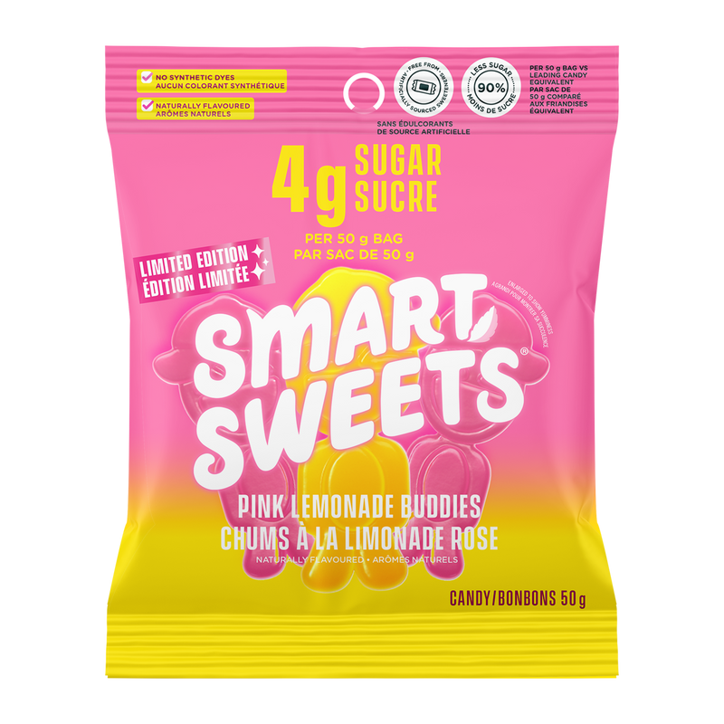 Package of SmartSweets Pink Lemonade Buddies candy with bright pink and yellow design, highlighting 4 grams of sugar and naturally flavored, low sugar candy treats.