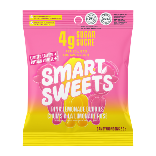 Package of SmartSweets Pink Lemonade Buddies candy with bright pink and yellow design, highlighting 4 grams of sugar and naturally flavored, low sugar candy treats.