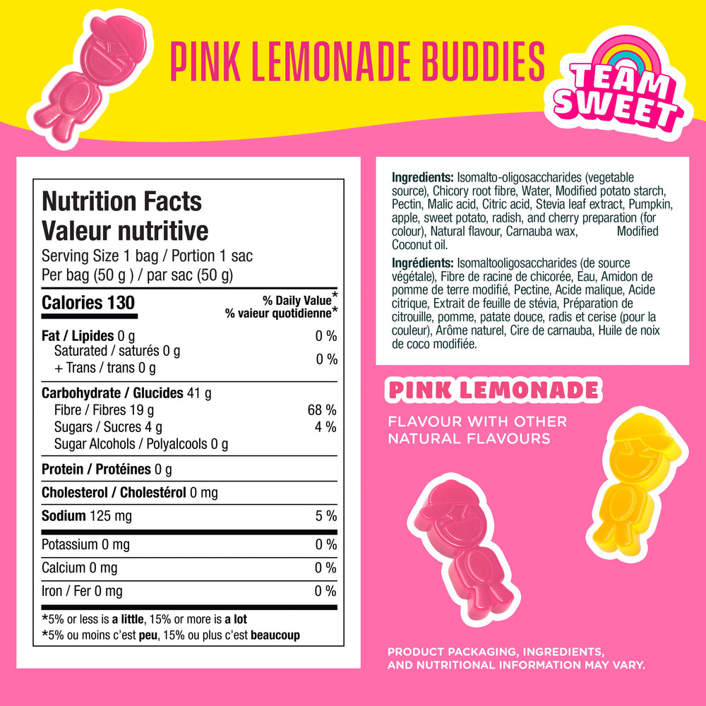 Pink Lemonade Buddies packaging showcasing nutrition facts and ingredients for a low sugar, high fiber candy option, featuring pink and yellow gummy shapes with natural flavors.