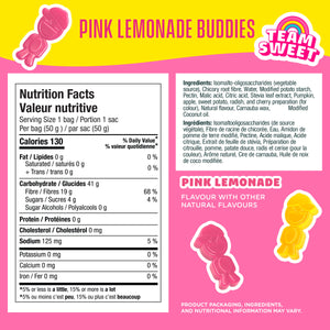 Pink Lemonade Buddies packaging showcasing nutrition facts and ingredients for a low sugar, high fiber candy option, featuring pink and yellow gummy shapes with natural flavors.