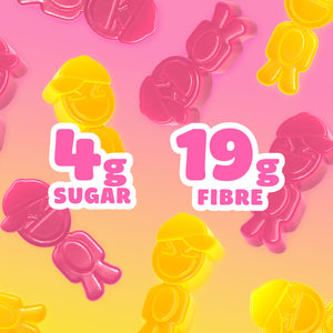 Pink Lemonade Buddies gummy candies in pink and yellow with highlighted text showing 4 grams of sugar and 19 grams of fiber, promoting a healthy, low sugar snack option.