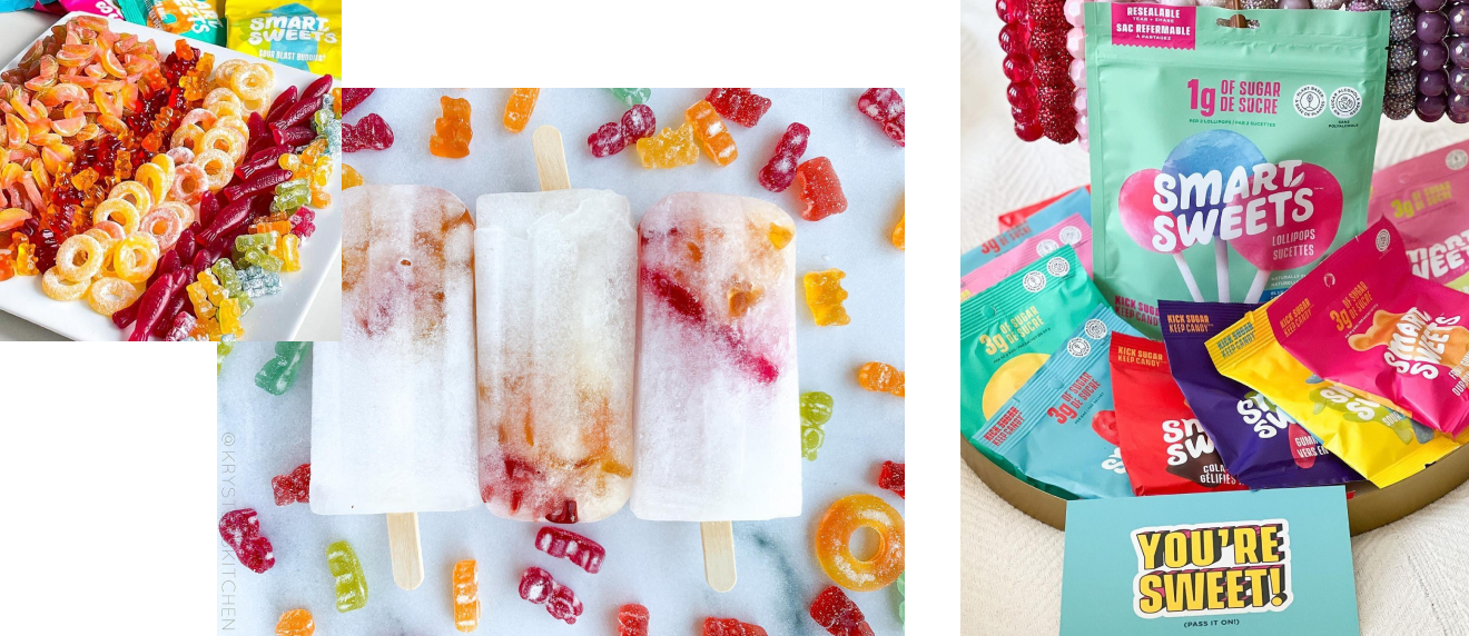 SmartSweets on plate, SmartSweets popsicles and SmartSweets pouches